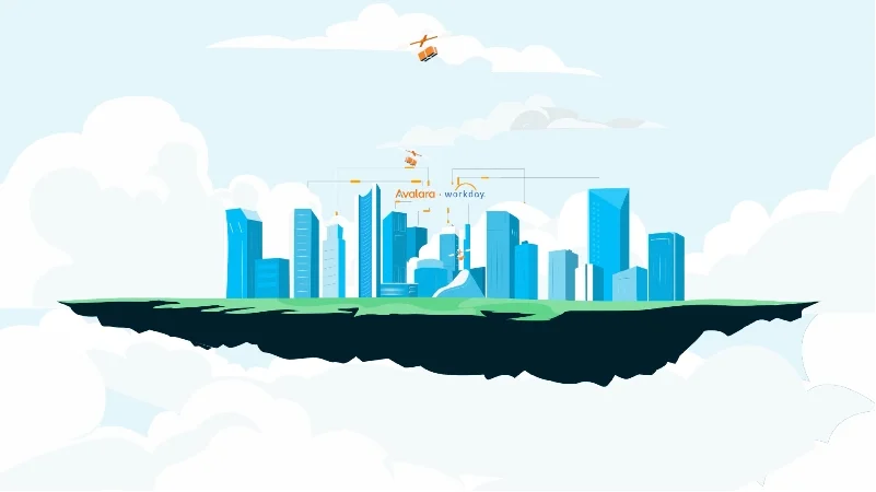 Animated explainer video demonstrating Avalara’s tax automation in a futuristic cityscape setting.